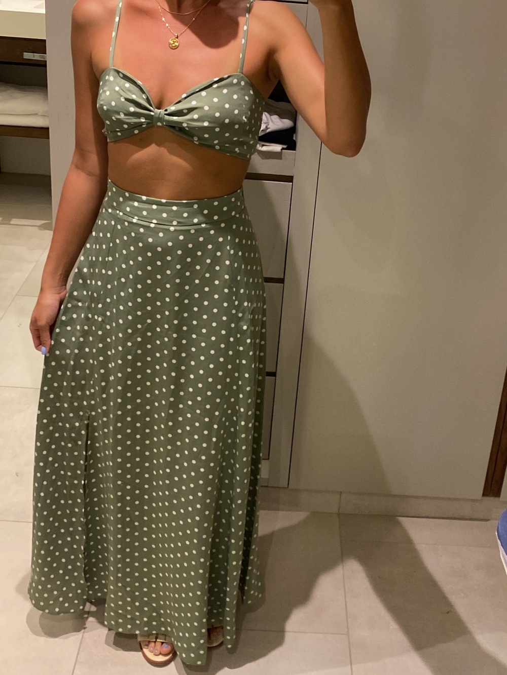 Polka Dot Olive Green Maxi Skirt set